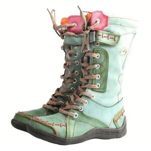 TMA EYES Green Leather Upper Lace-Up Faux Fur Lined Mid-Calf Women's Boots 9